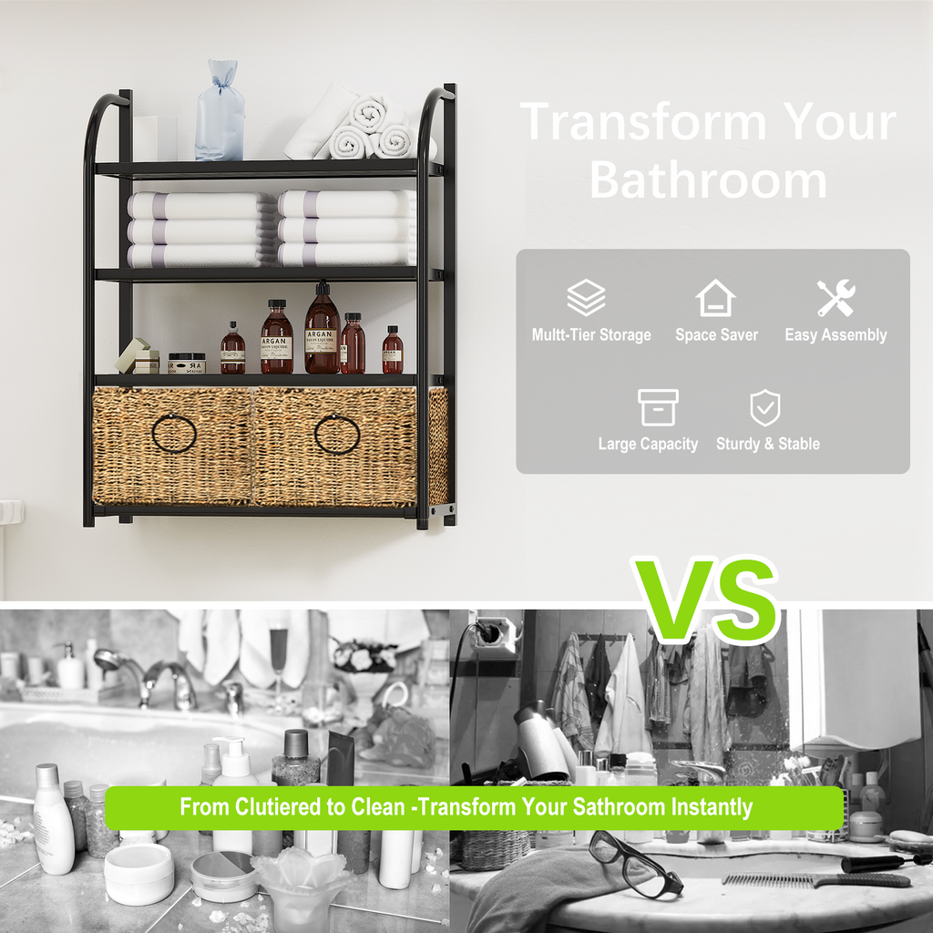 Wall-Mounted 4-Tier Bathroom Shelf with 2 Baskets,23.6-Inch Wide, Black Metal - Zhongma