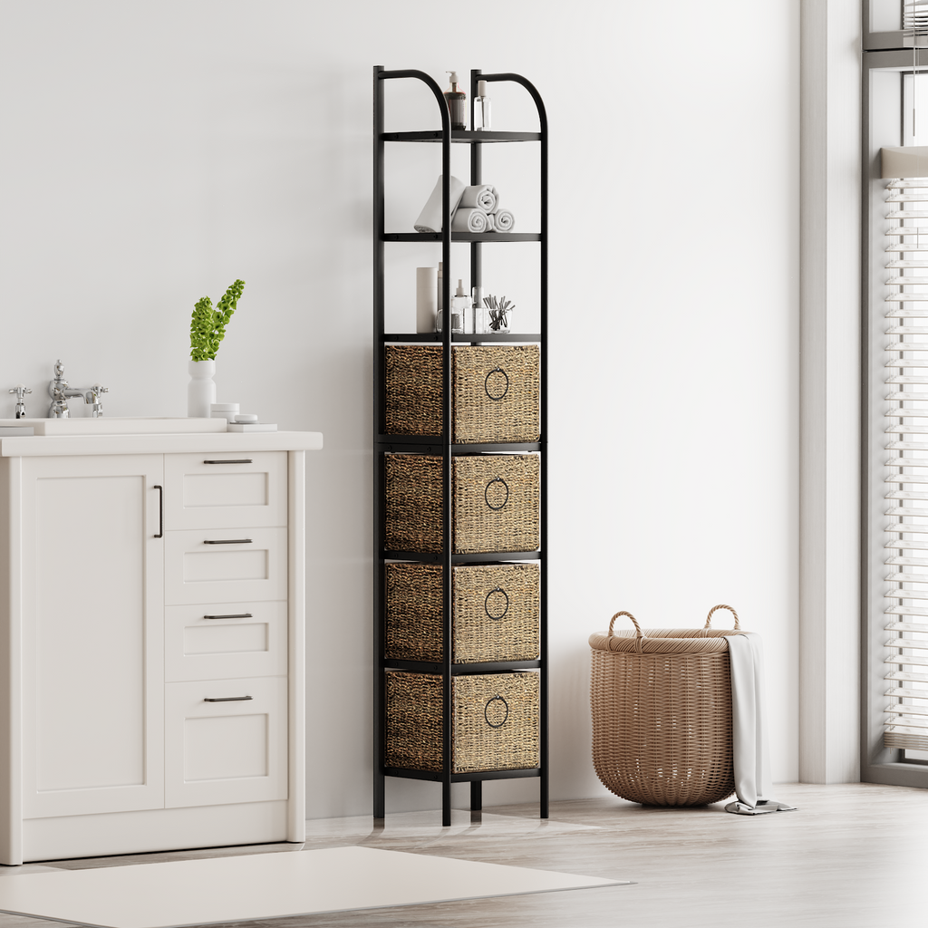 7-Tier Narrow Bathroom Storage Tower, 12.88-Inch Wide, Baskets & Slate - Zhongma