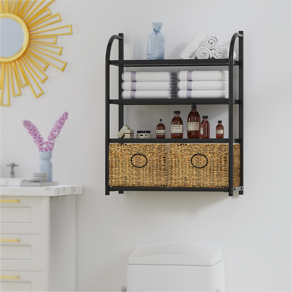 Wall-Mounted 4-Tier Bathroom Shelf with 2 Baskets,23.6-Inch Wide, Black Metal - Zhongma