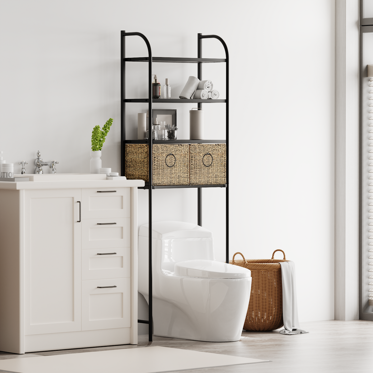 Over-the-Toilet Storage Rack,4-Tier,24-Inch Wide, Baskets & Slate Shelf - Zhongma