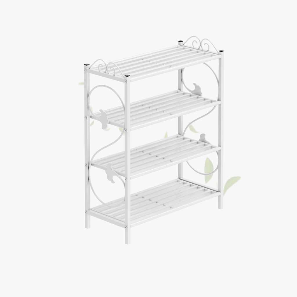 4-Tier White Metal Shoe Rack for Entryway, Solid Iron Scroll Sides