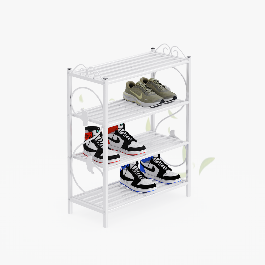 4-Tier White Metal Shoe Rack for Entryway, Solid Iron Scroll Sides