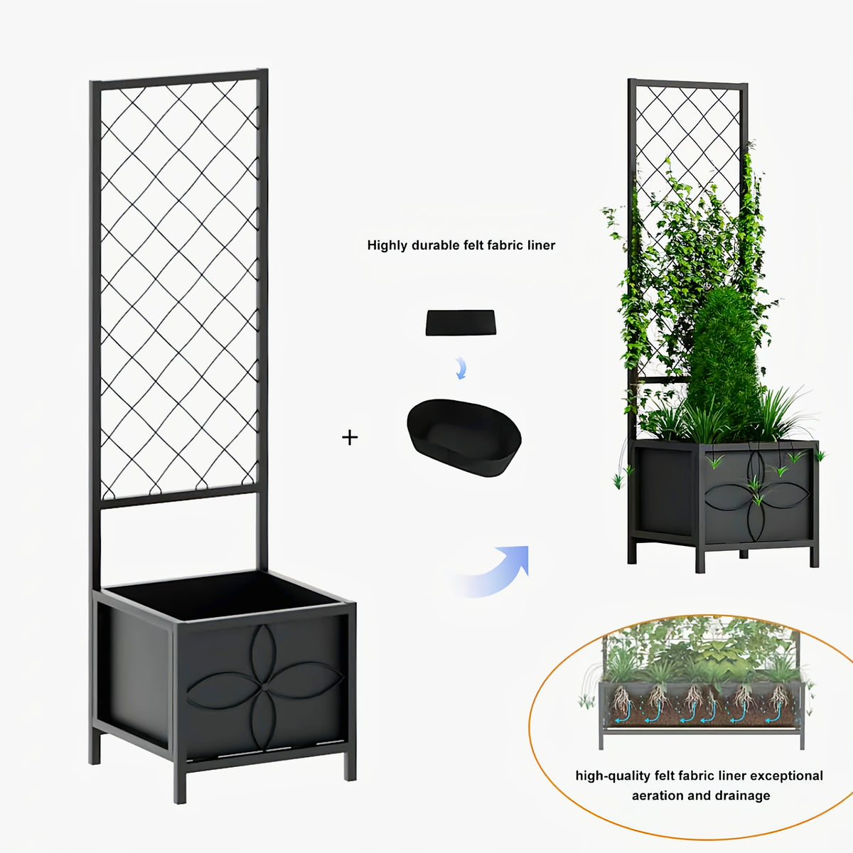 Square Raised Planter Box with Trellis, 55-Inch Tall for Climbing Plants