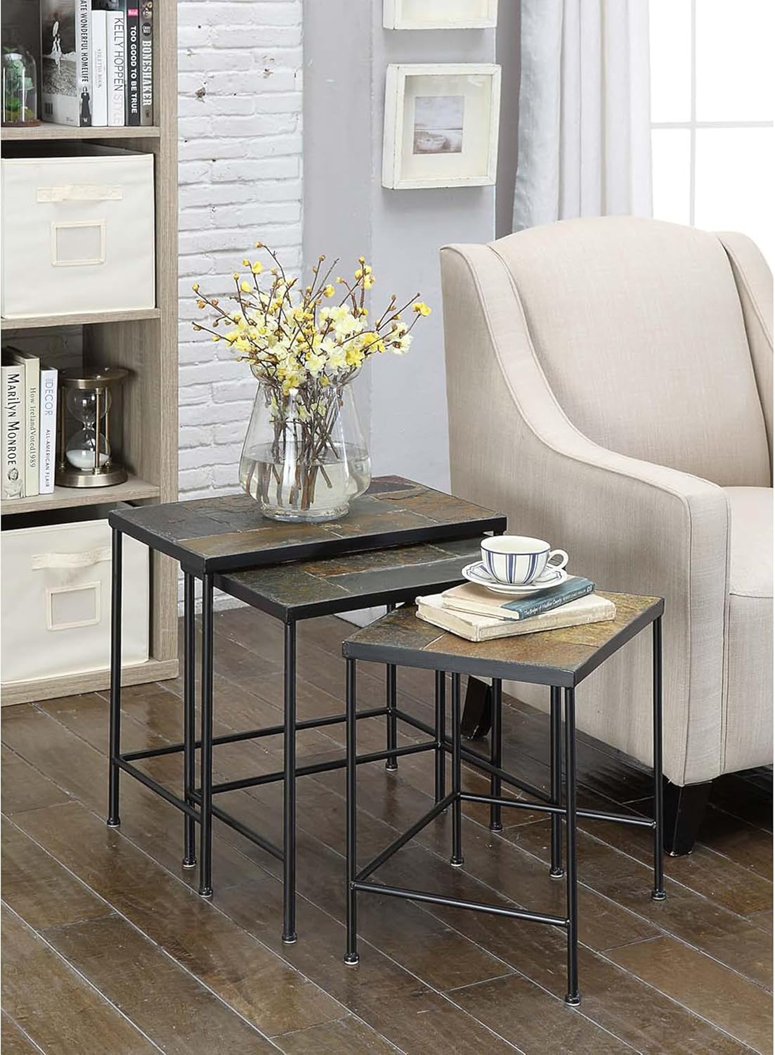 Set of 3 Nesting Tables with Natural Slate Tops, Metal Side & End Tables - Zhongma