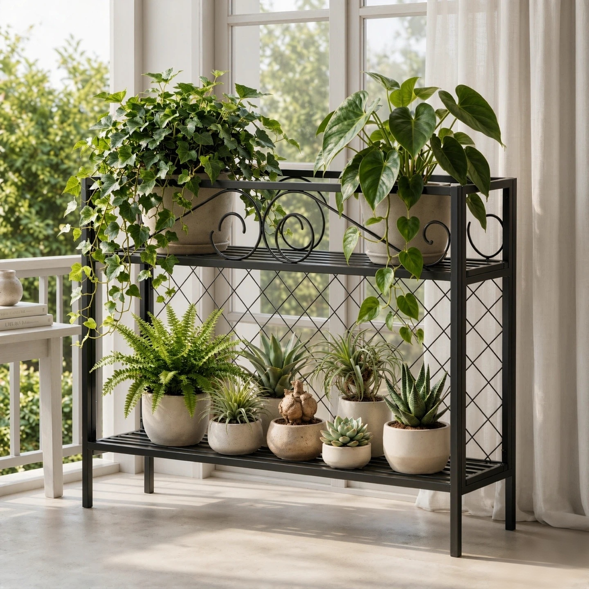Metal Plant Stand & Room Divider – 47" 2-Tier Freestanding Plant Screen, Indoor & Outdoor