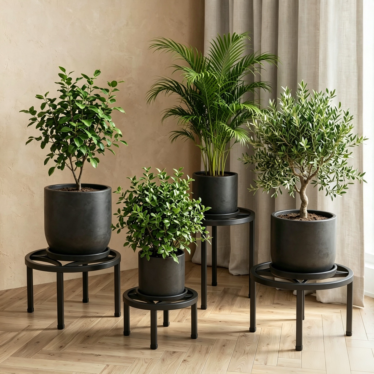 Set of 4 Metal Plant Stands in 3 Sizes, Fully Assembled Plant Risers, 220 lbs Each